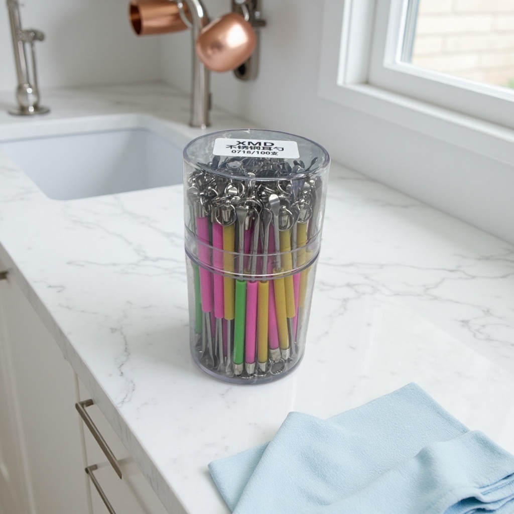 A portable storage set of stainless steel ear spoons with transparent cylinders and colorful handles Application Scenario