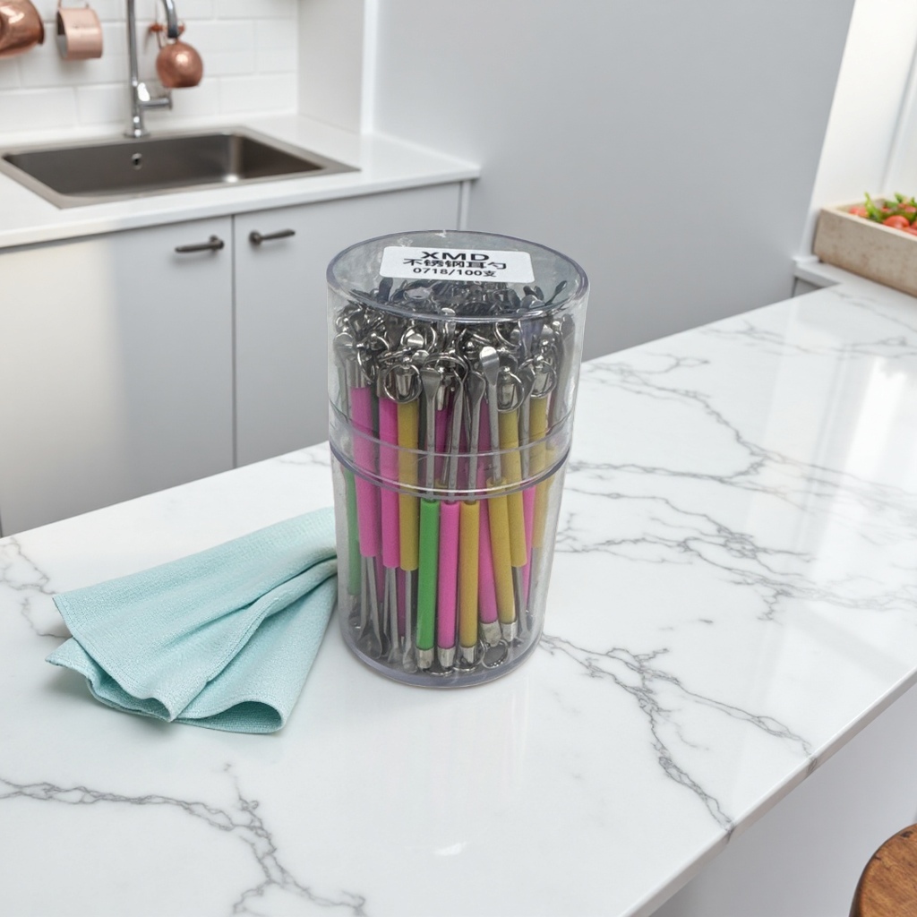 A portable storage set of stainless steel ear spoons with transparent cylinders and colorful handles details Picture