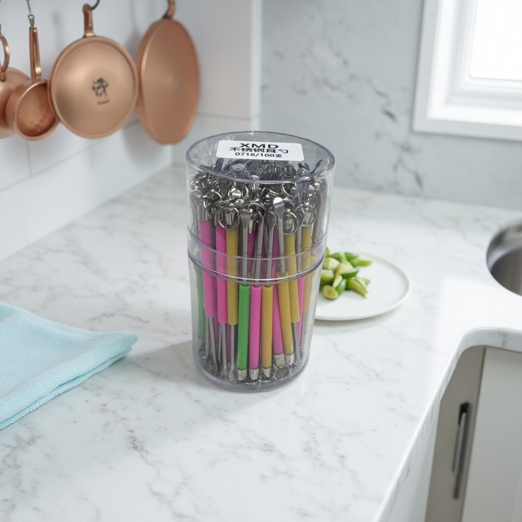A portable storage set of stainless steel ear spoons with transparent cylinders and colorful handles Specification image