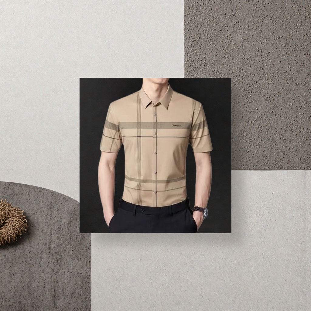 Nylon high-elasticity light-colored checked short-sleeved shirt for men, casual, breathable and comfortable for daily wear. Checked shirt for men
