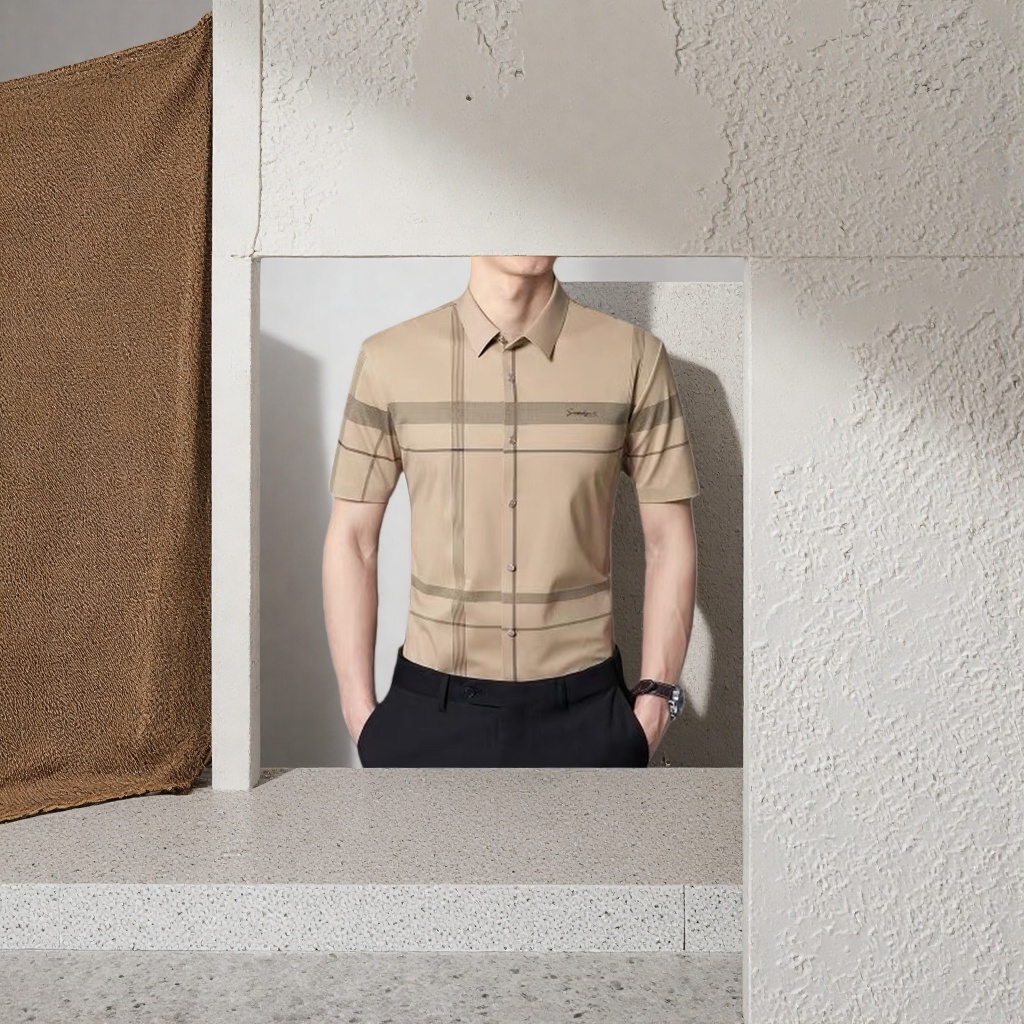 Nylon high-elasticity light-colored checked short-sleeved shirt for men, casual, breathable and comfortable for daily wear. Checked shirt for men details Picture