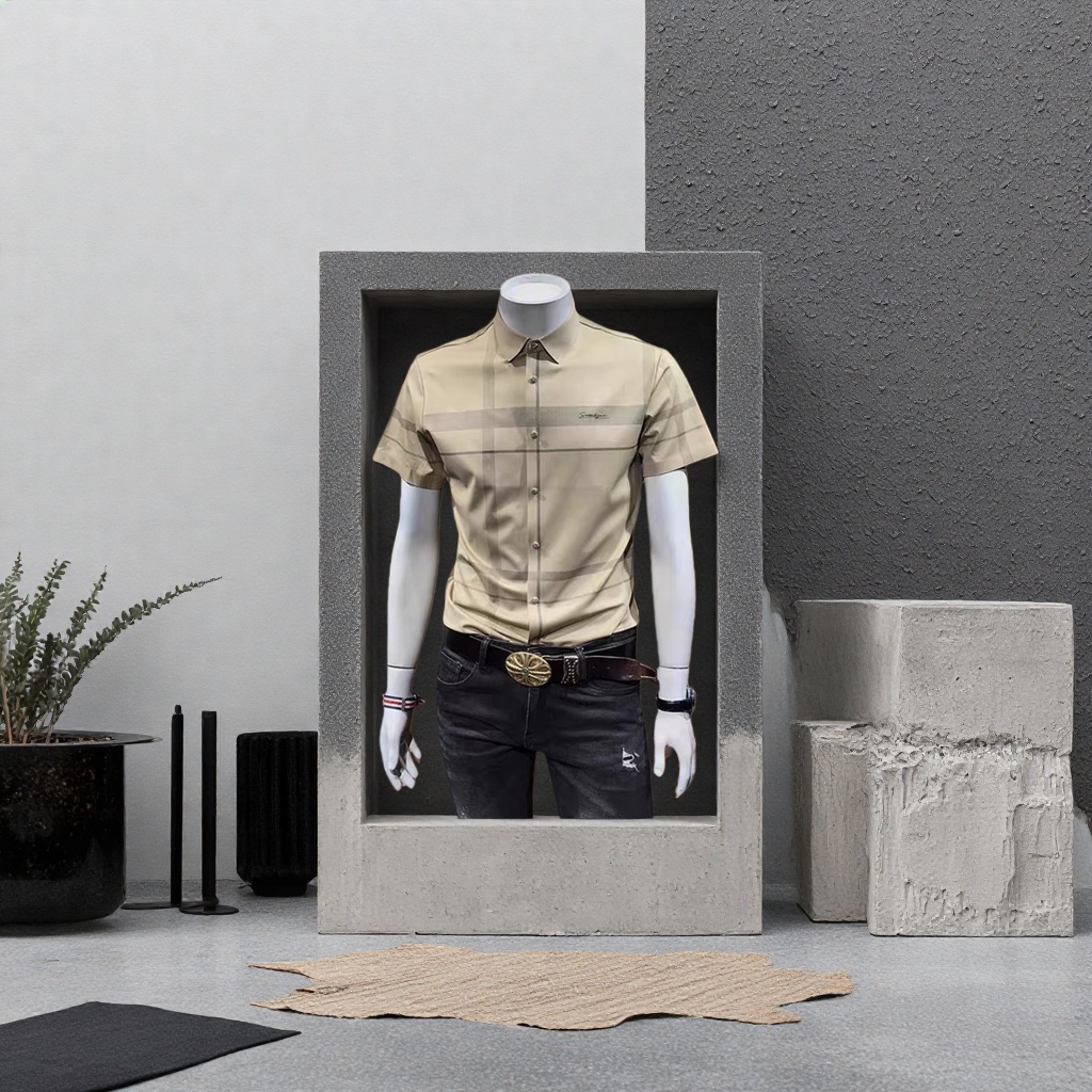 Nylon high-elasticity light-colored checked short-sleeved shirt for men, casual, breathable and comfortable for daily wear. Checked shirt for men Specification image