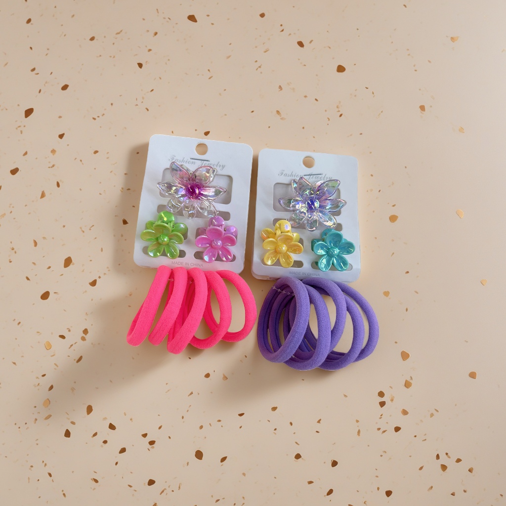 A sweet, cute and fashionable hair accessory set with colorful flower hairpins and hair bands