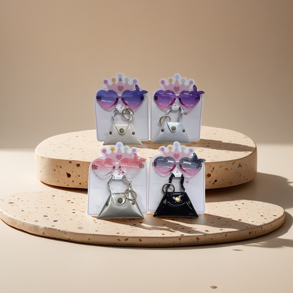 Heart-shaped sunglasses, pink gradient lenses, purple gradient lenses, transparent pink lenses, black shiny small bag, silver metal handbag, cute design style accessories details Picture