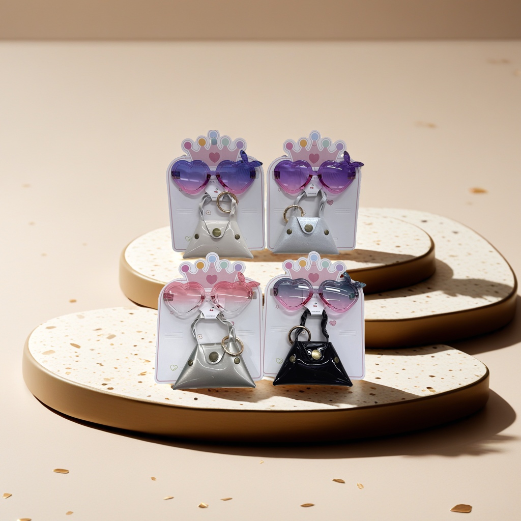 Heart-shaped sunglasses, pink gradient lenses, purple gradient lenses, transparent pink lenses, black shiny small bag, silver metal handbag, cute design style accessories Specification image