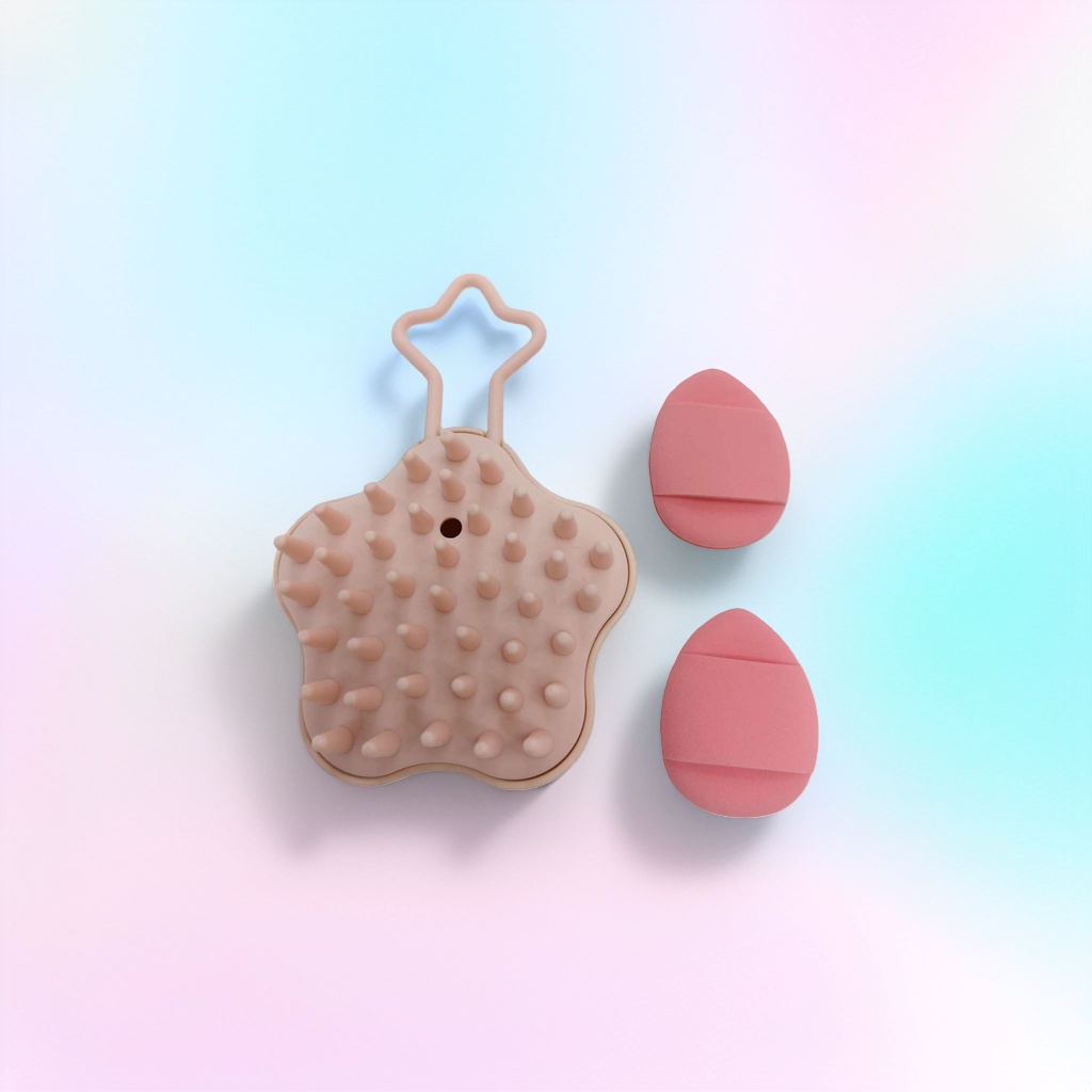 Cross-border best-selling shampoo, comb and powder puff set, two pink powder puffs for fingers