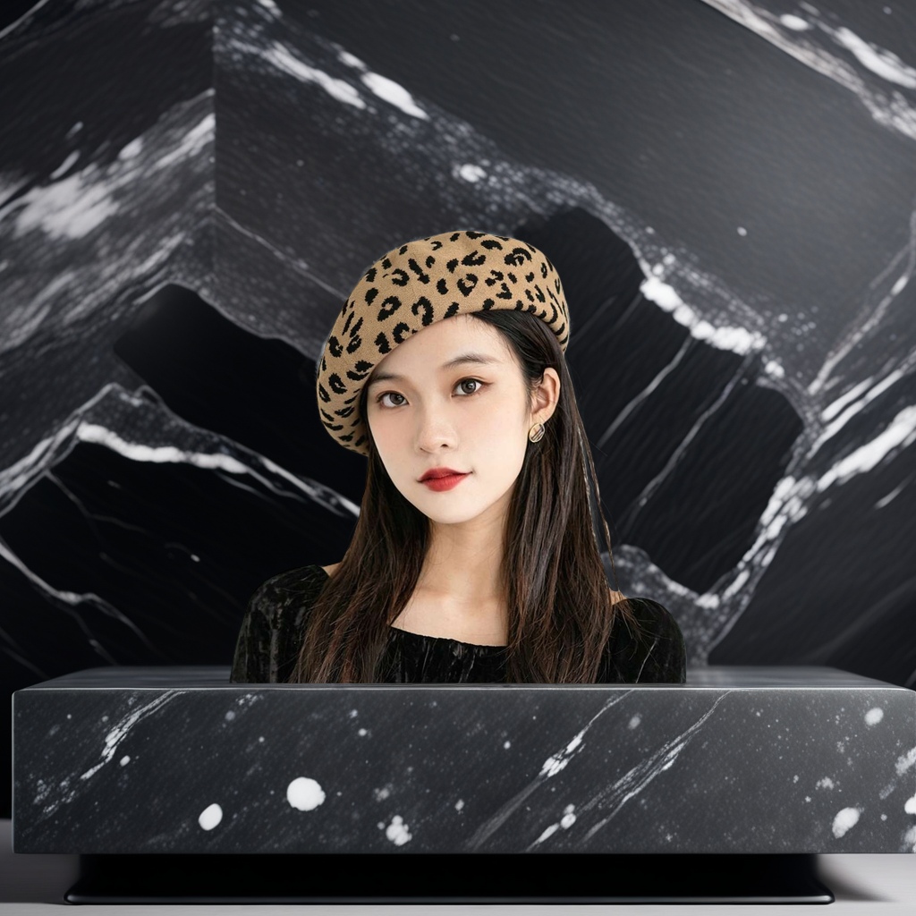 Leopard print beret, a fashionable women's hat, is a thick and warm hat for autumn and winter details Picture