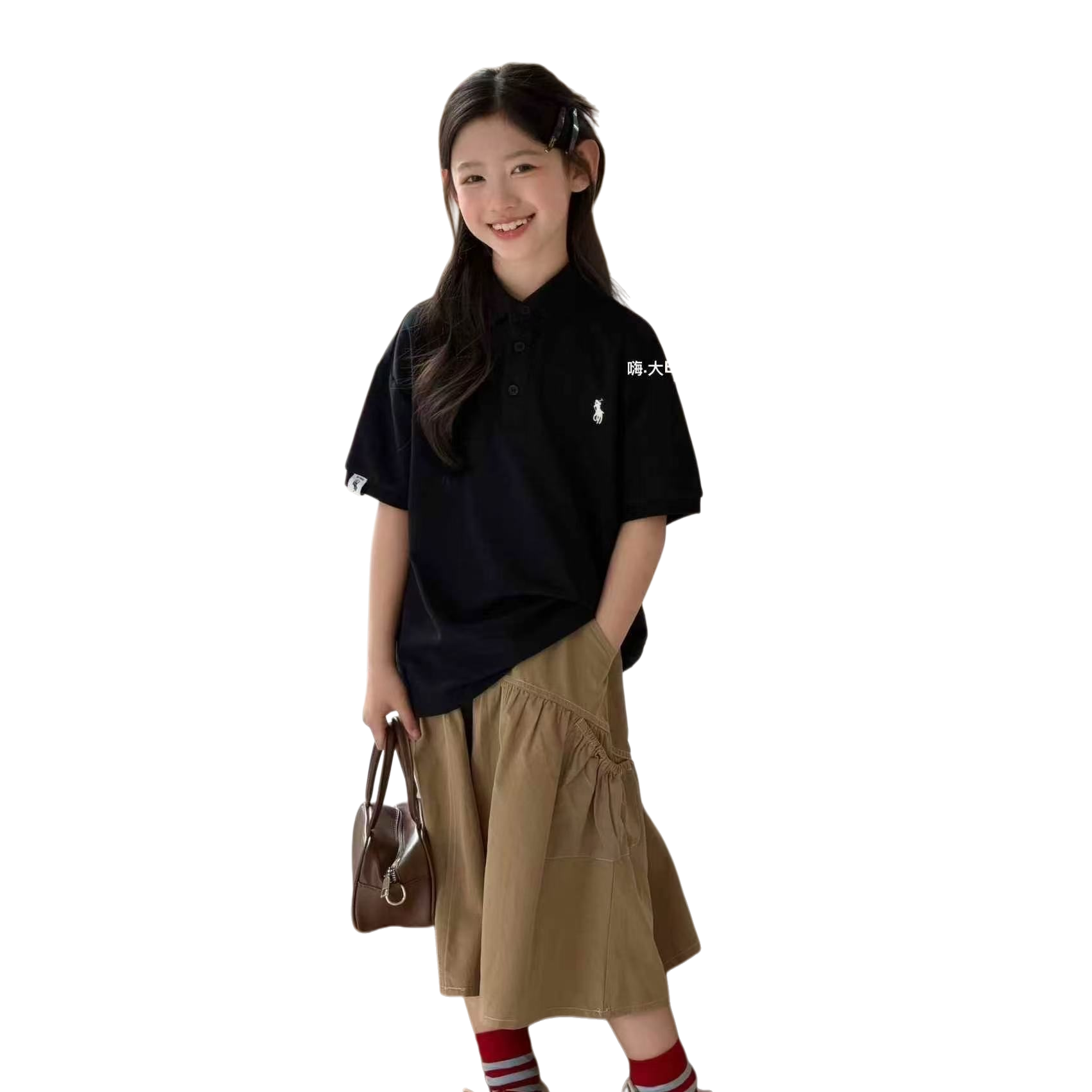 小女孩黑色Polo衫卡其色裙子女童长袖韩版公主裙女童长袖韩版童装