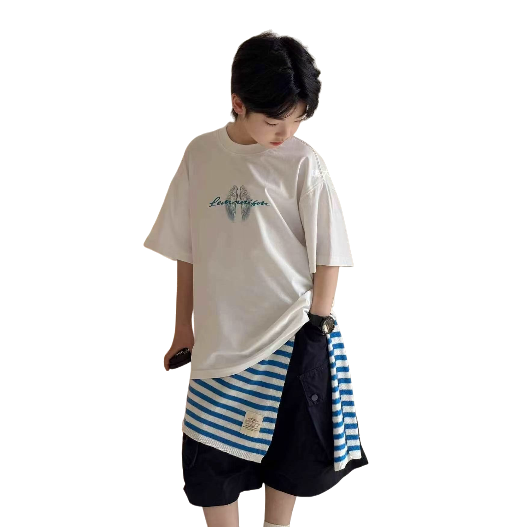 白色T恤套装儿童运动套装休闲套装短袖衣服