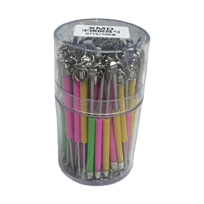 A portable storage set of stainless steel ear spoons with transparent cylinders and colorful handles Item Picture