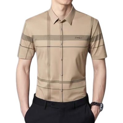 Nylon high-elasticity light-colored checked short-sleeved shirt for men, casual, breathable and comfortable for daily wear. Checked shirt for men Item Picture