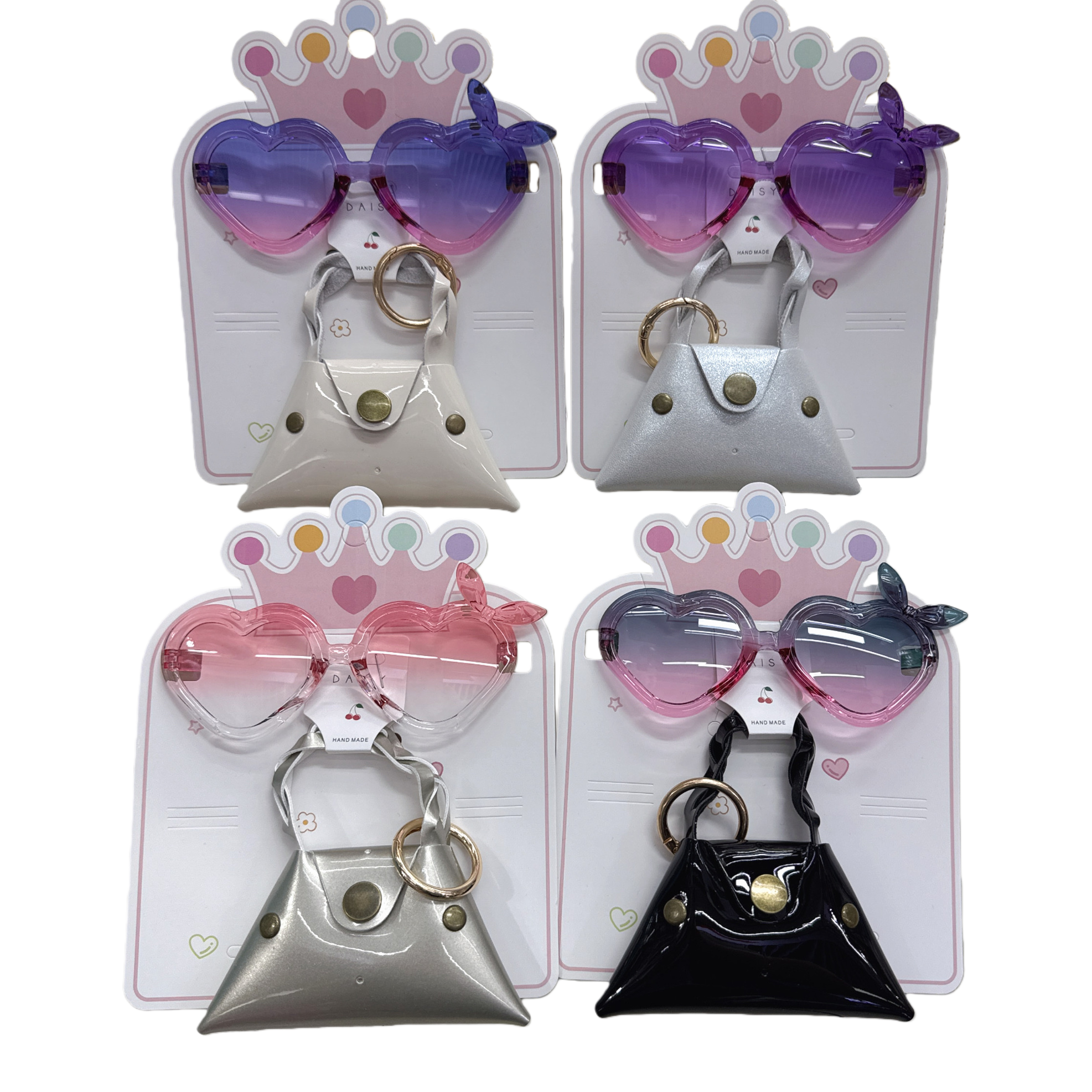 Heart-shaped sunglasses, pink gradient lenses, purple gradient lenses, transparent pink lenses, black shiny small bag, silver metal handbag, cute design style accessories Item Picture
