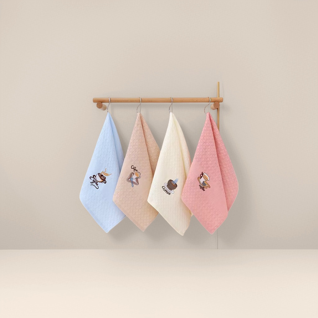 Four coffee-patterned towels are hung on wooden poles in different color combinations Specification image