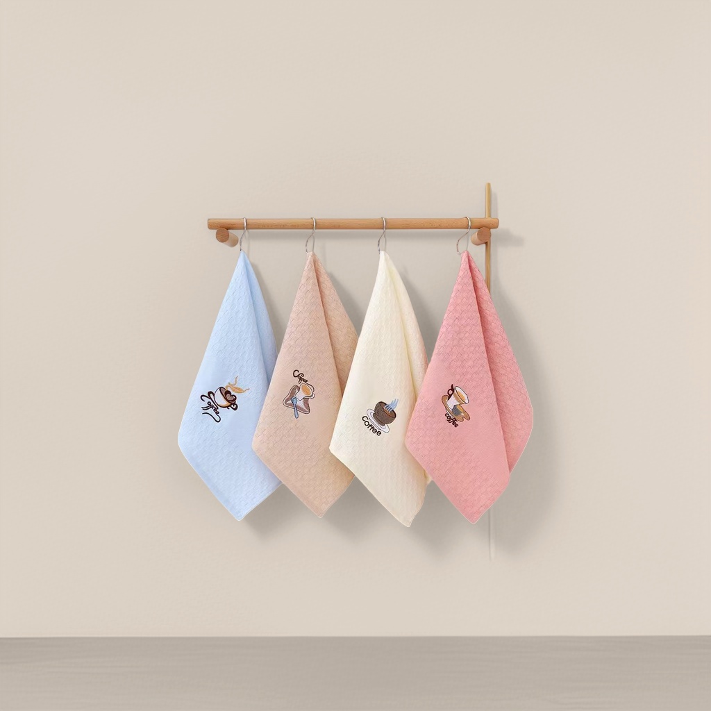Four coffee-patterned towels are hung on wooden poles in different color combinations Application Scenario