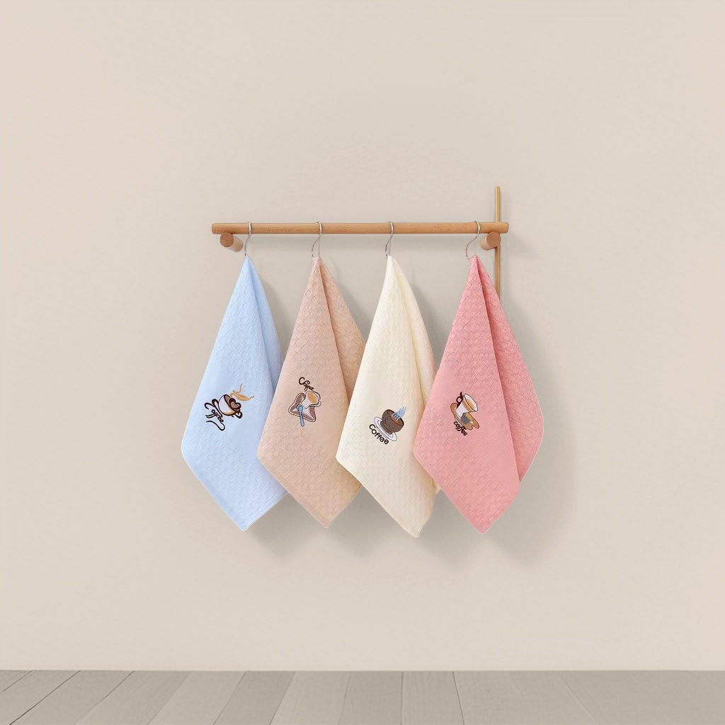 Four coffee-patterned towels are hung on wooden poles in different color combinations details Picture