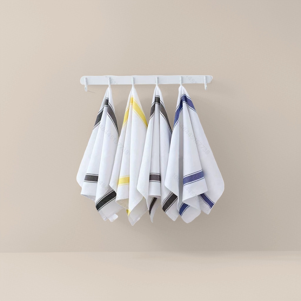 Four towels are hung on a white background. The main body of the towel is a hanging bathroom product