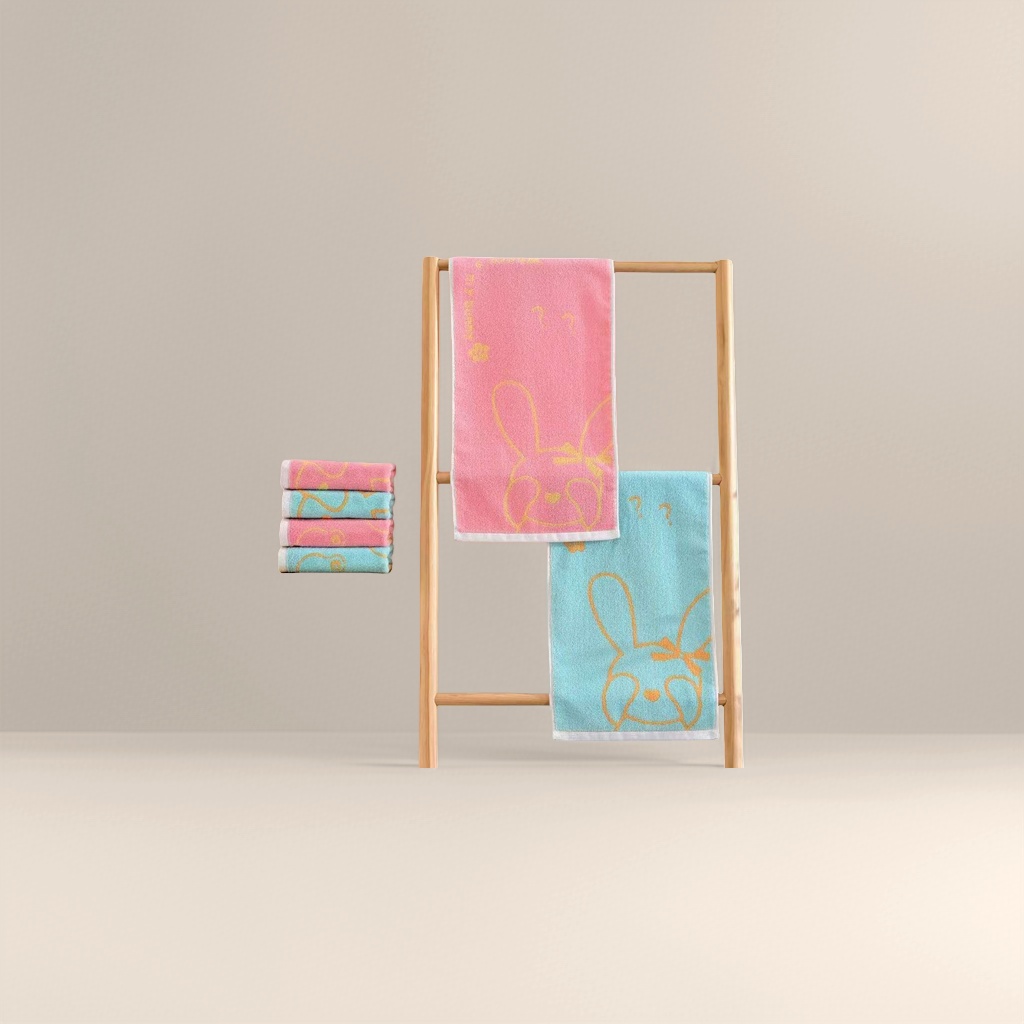 Pink and blue rabbit pattern towel, soft and absorbent microfiber face towel details Picture