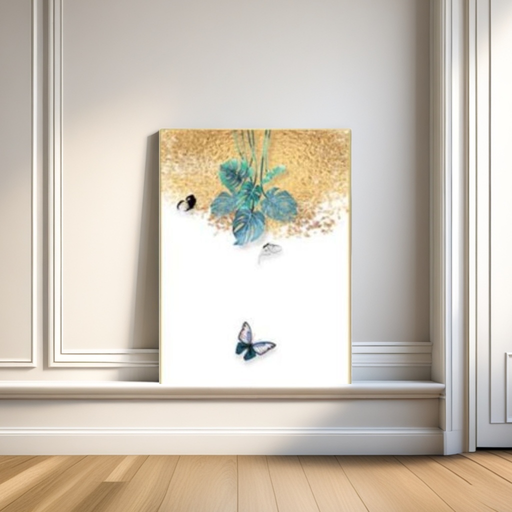 金色背景绿叶植物蝴蝶装饰画家居装饰画客厅墙面装饰画
