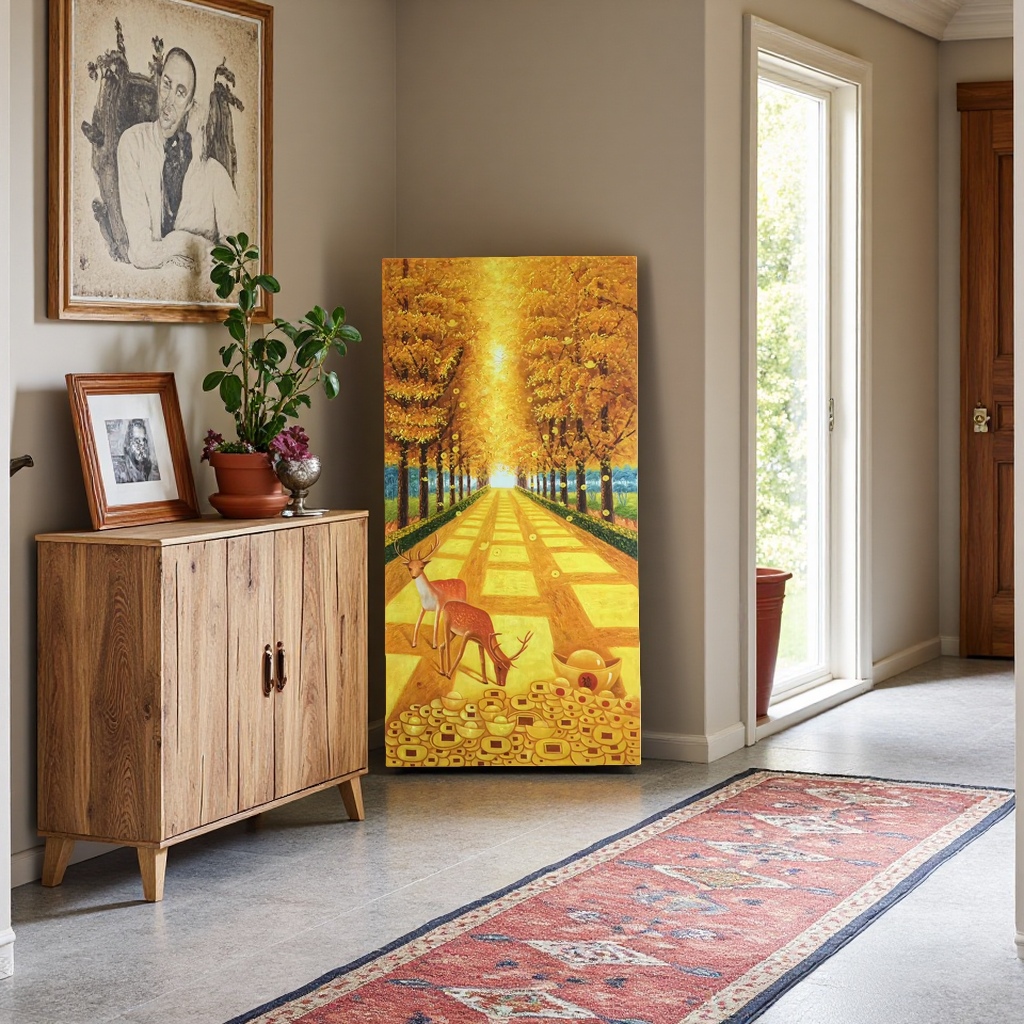 金色树林与鹿沿路风景画装饰画挂画壁饰