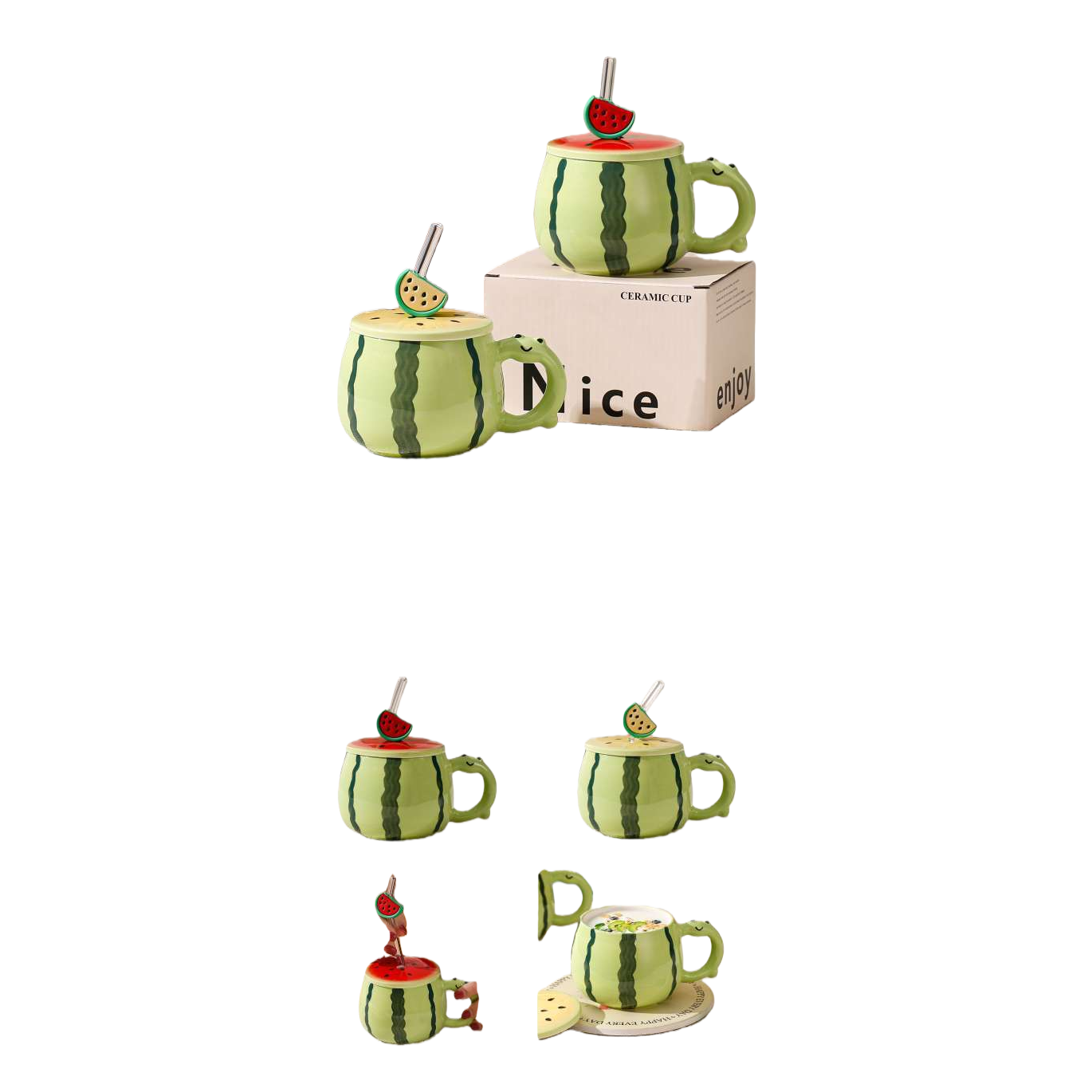 Cute watermelon ceramic cup, fresh water cup, portable anti-scald lid ceramic cup Item Picture