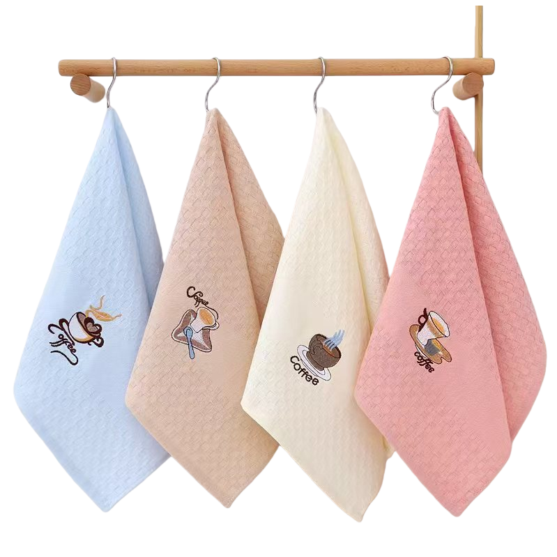 Four coffee-patterned towels are hung on wooden poles in different color combinations Item Picture