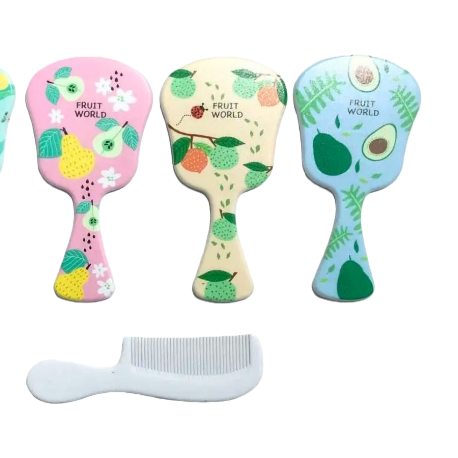 Fruit-patterned handheld mirror comb set portable makeup tools for girls to carry around and organize Item Picture