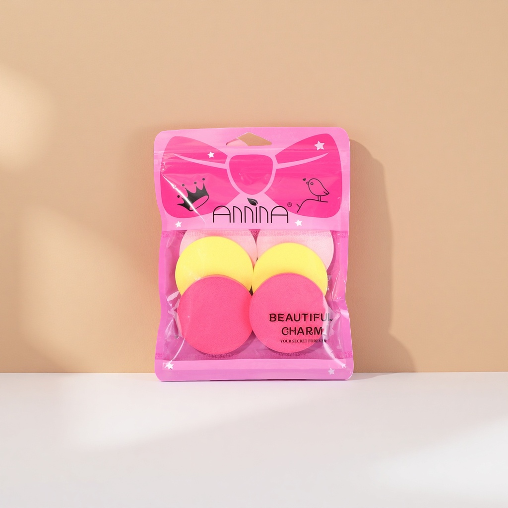 ANNINA Pink packaging Makeup sponge set of four pieces, round, two yellow and two pink BEAUTIFUL CHARM Specification image