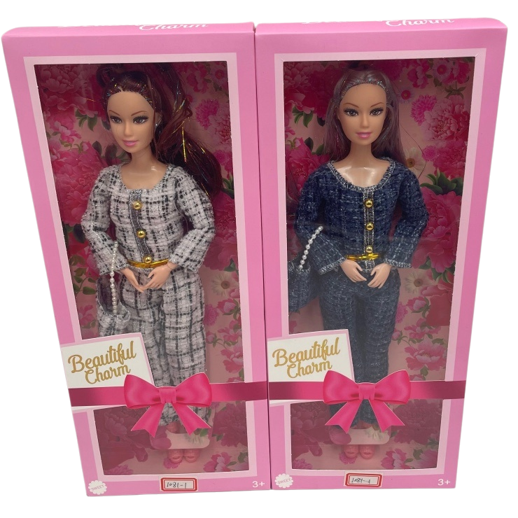A pink gift box of two fashionable Barbie dolls with floral patterns and Beautiful Charm, decorated with a bow Item Picture