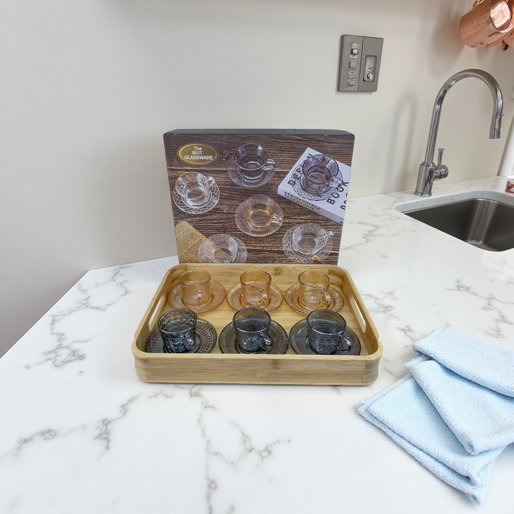 玻璃杯套装茶杯和碟子组合装日常家用礼品盒装