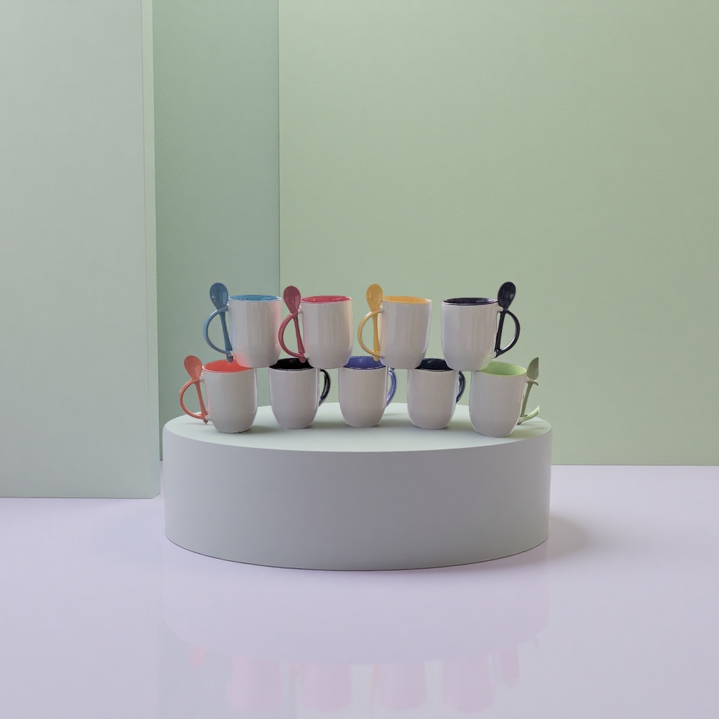Color heat transfer printed spoon cups, sublimation craft cups, coffee cups with spoons, ceramic