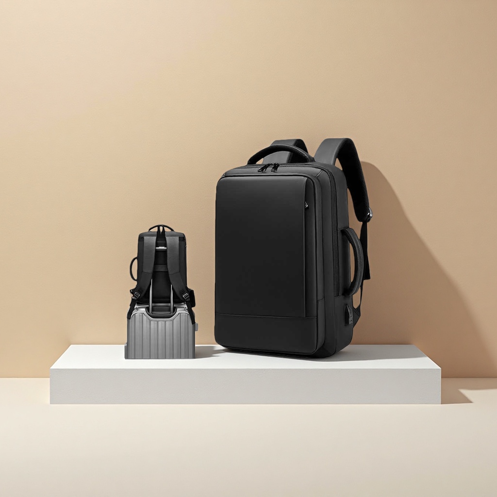 Black backpack with large capacity for casual student commuting, water-repellent and wear-resistant details Picture