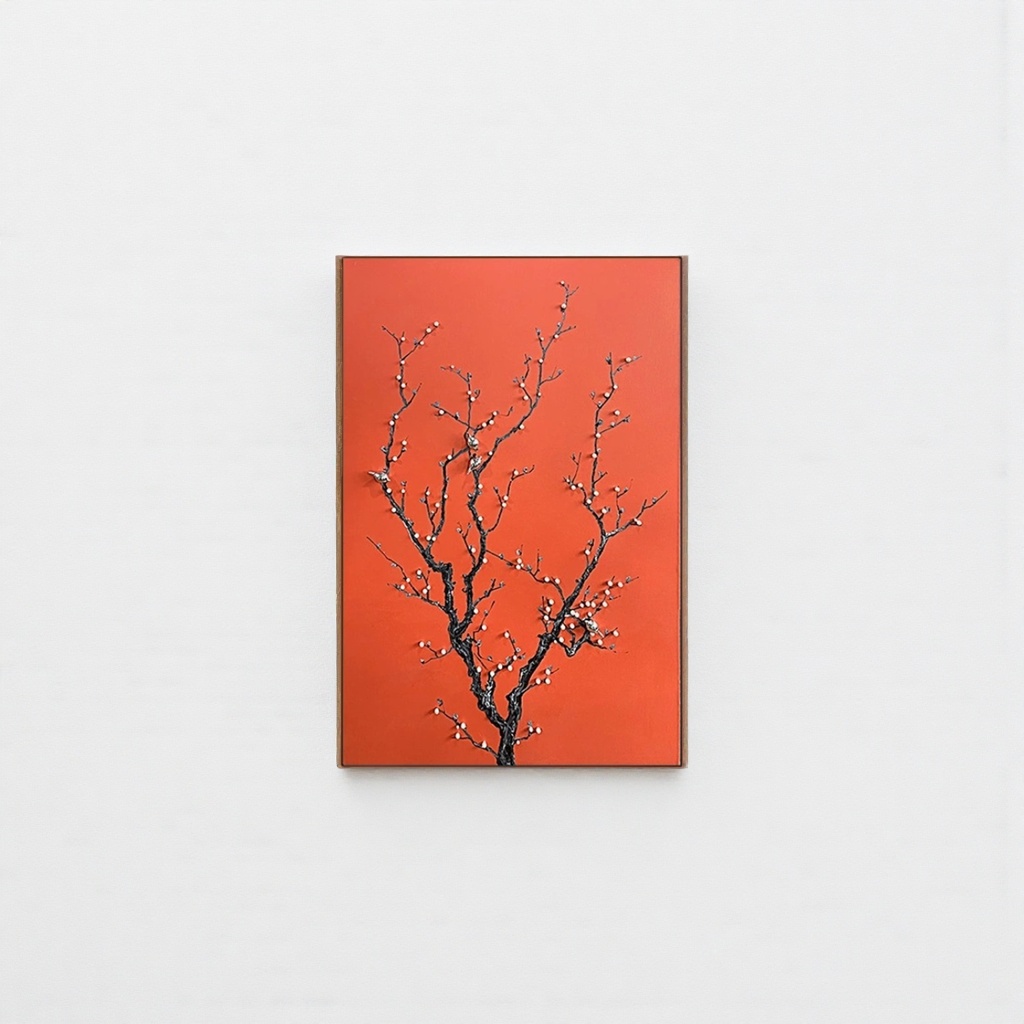 手绘油画厂家批发红色背景黑色树枝梅花枝条装饰画
