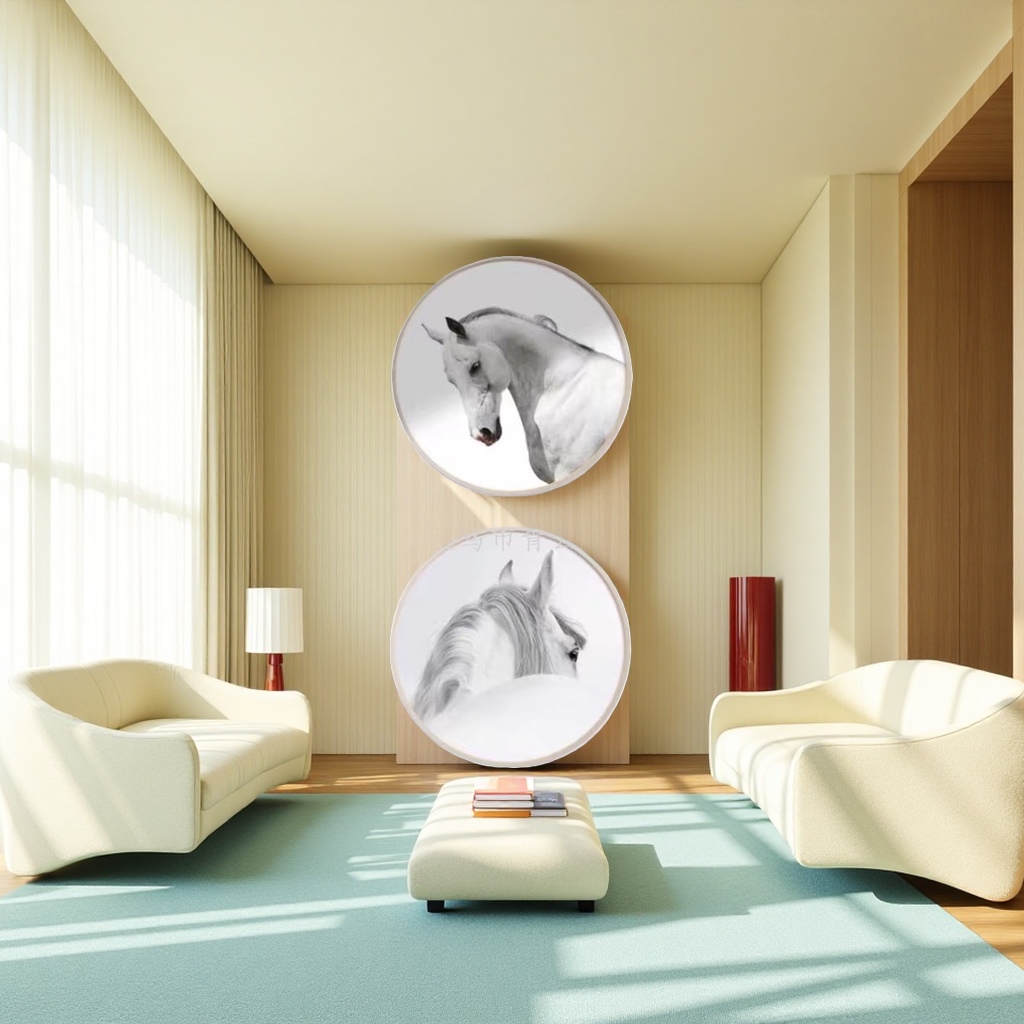 A simple decorative painting with a round white horse frame for hanging in the living room and bedroom