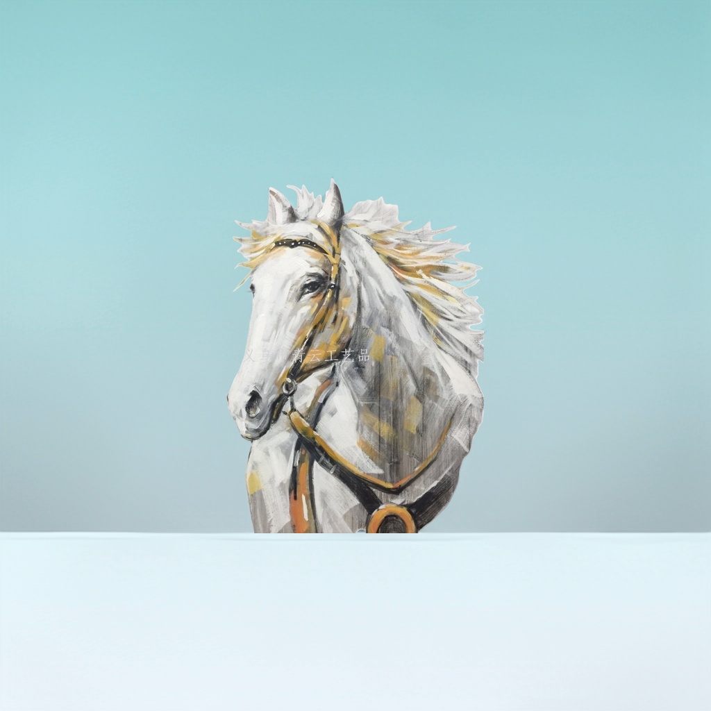 A white oil painting of a horse's head for hanging in the living room as an artistic wall decoration Application Scenario