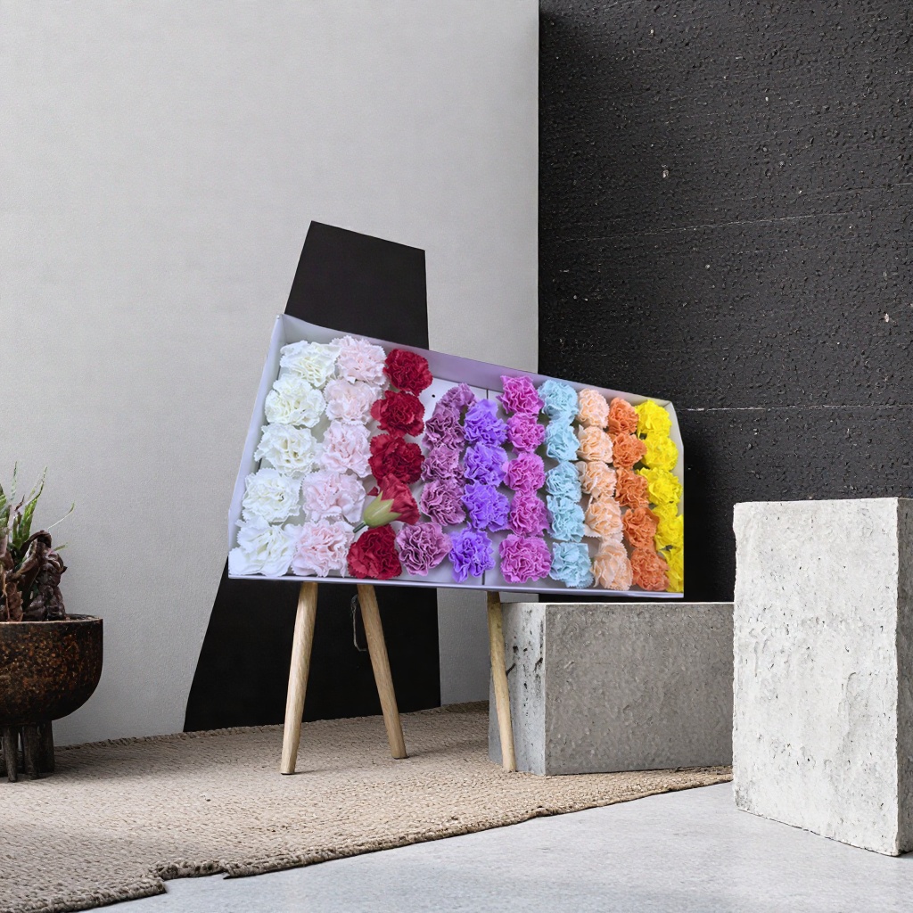 A romantic bouquet of colorful carnations, a birthday gift for my girlfriend's mother, soap and flower heads