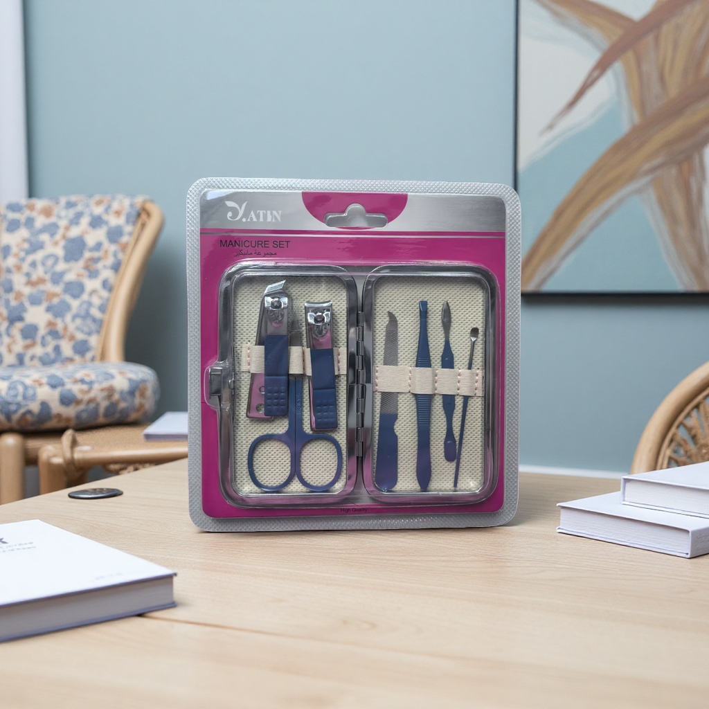 A complete set of nail art tools, including professional nail clippers, trimming knives, polishing strips and cleaning brushes