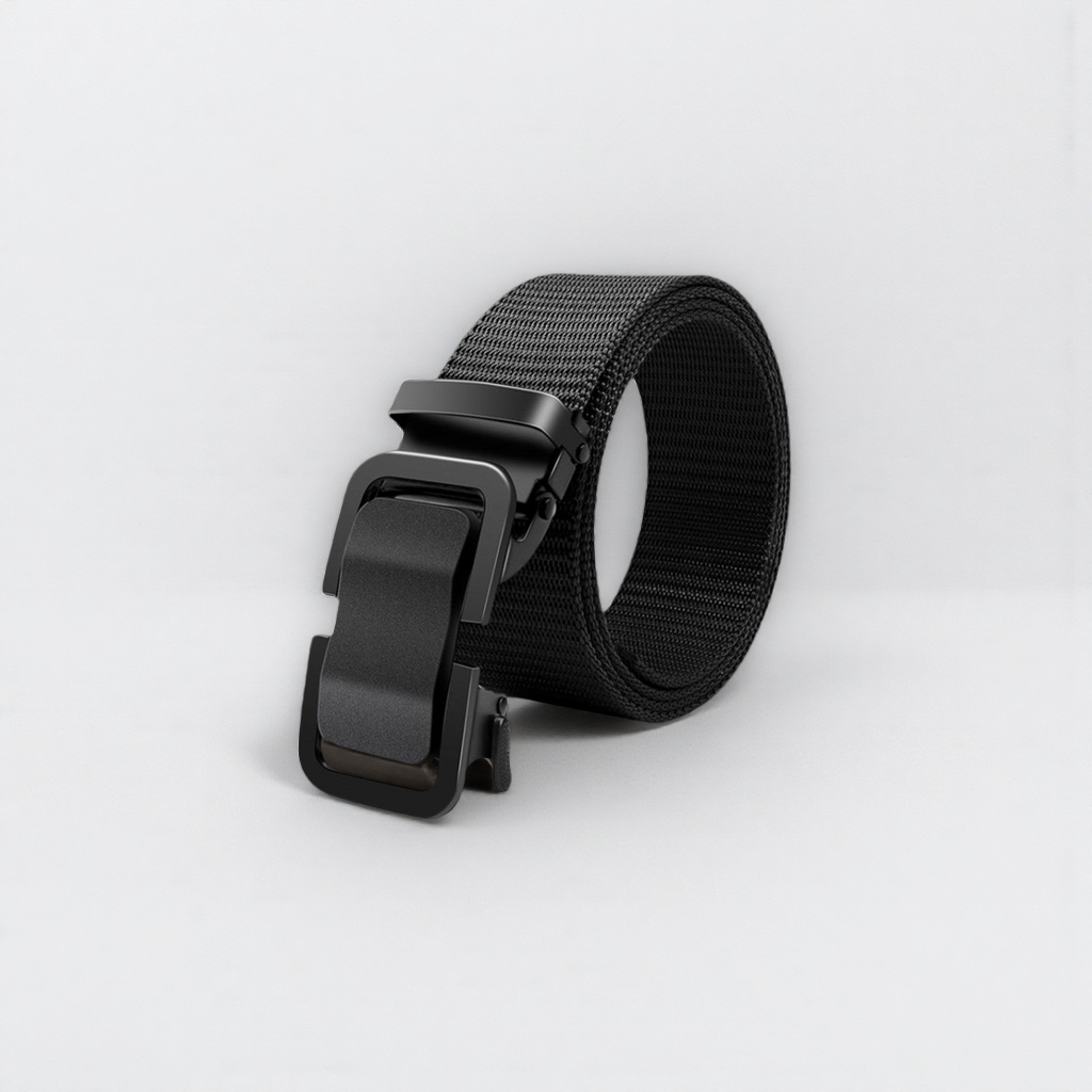 A black fabric belt with a black metal buckle is a versatile men's casual belt