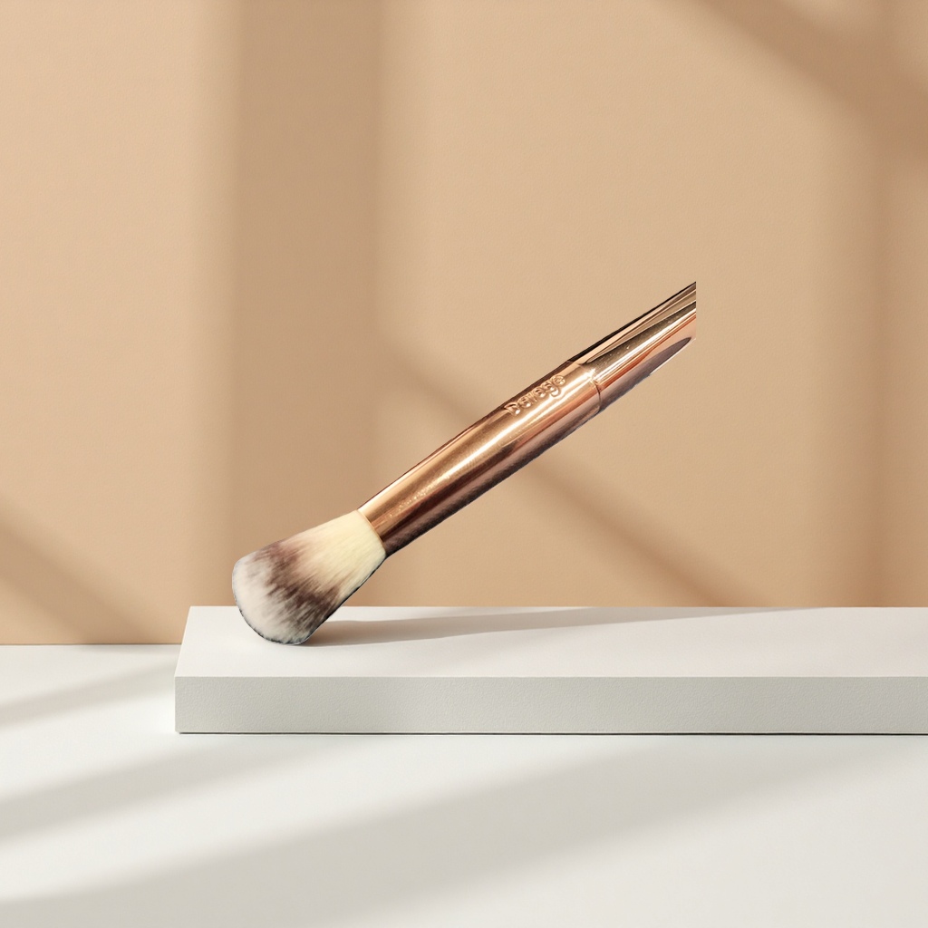 The golden handle nose shadow brush is a professional contouring and makeup brush that precisely blends without irritating the skin