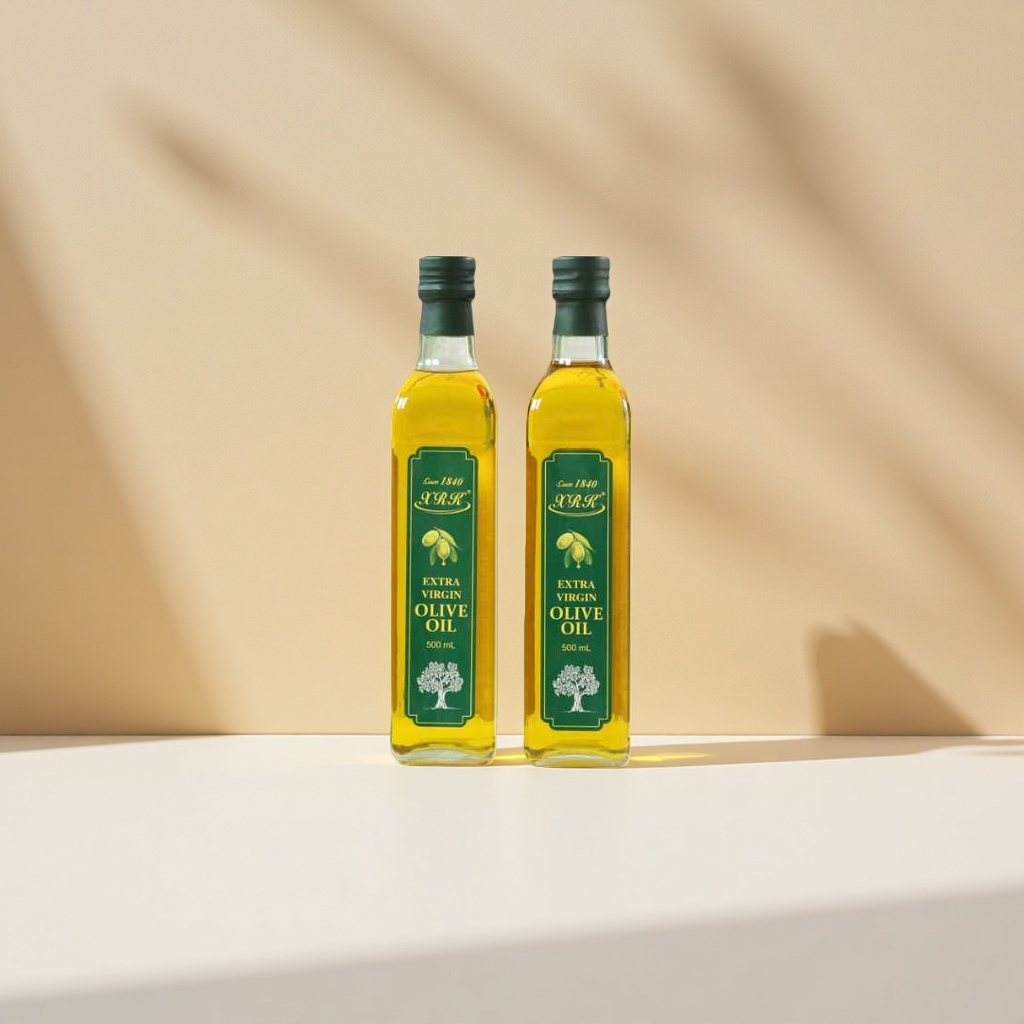 Two bottles of imported XRK extra virgin olive oil for Mediterranean-style cold dishes and cooking details Picture