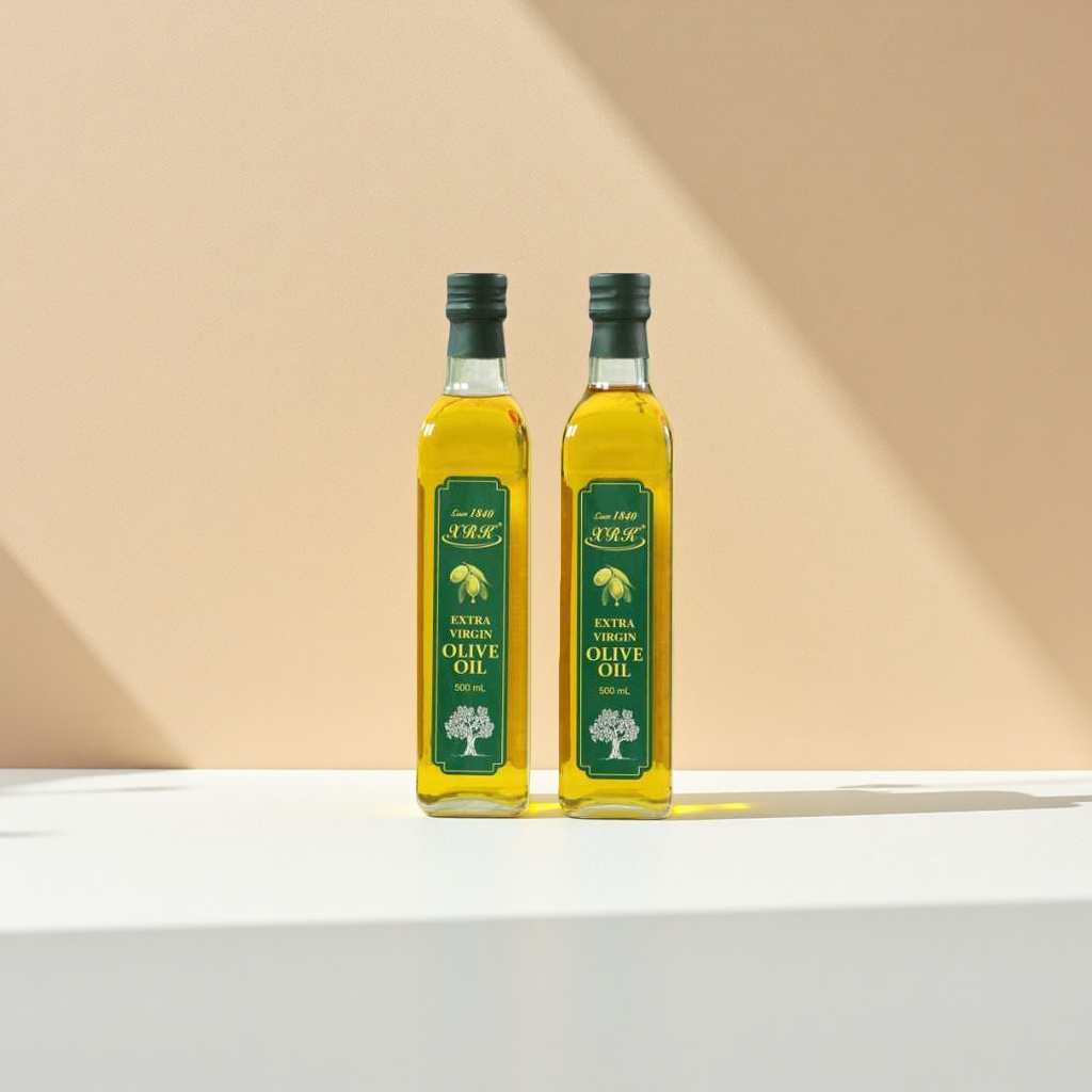 Two bottles of imported XRK extra virgin olive oil for Mediterranean-style cold dishes and cooking