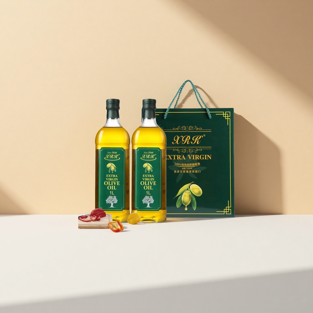 Two bottles of extra virgin olive oil in a gift box packaging details Picture