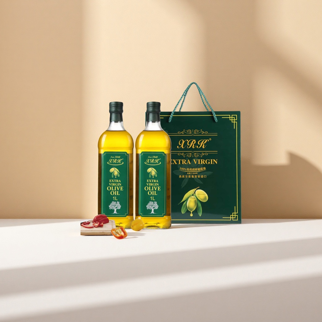 Two bottles of extra virgin olive oil in a gift box packaging Application Scenario