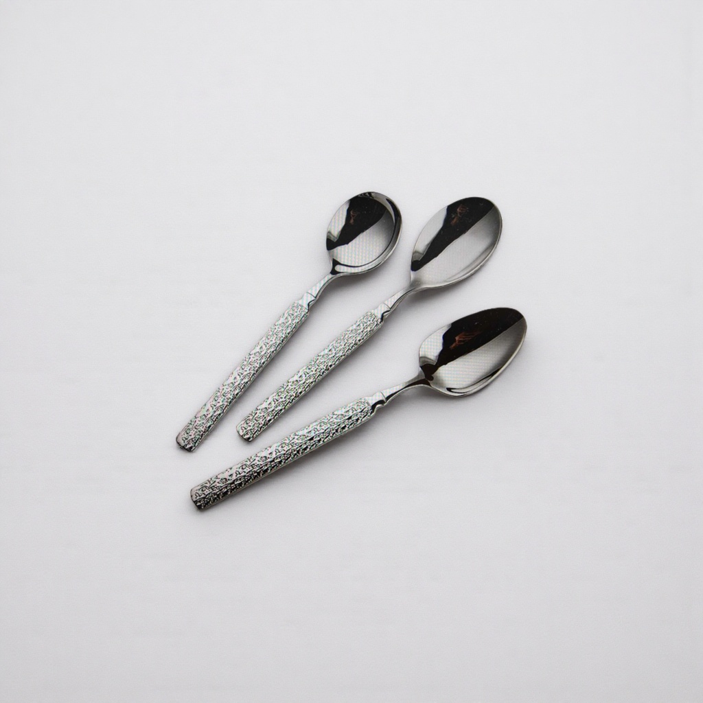Three metal spoons with textured handles, stainless steel spoons for catering details Picture