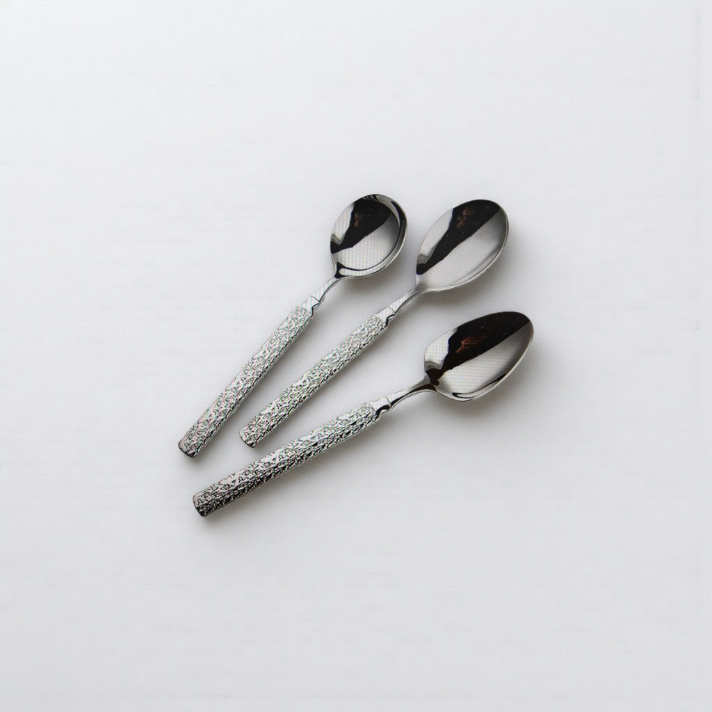 Three metal spoons with textured handles, stainless steel spoons for catering