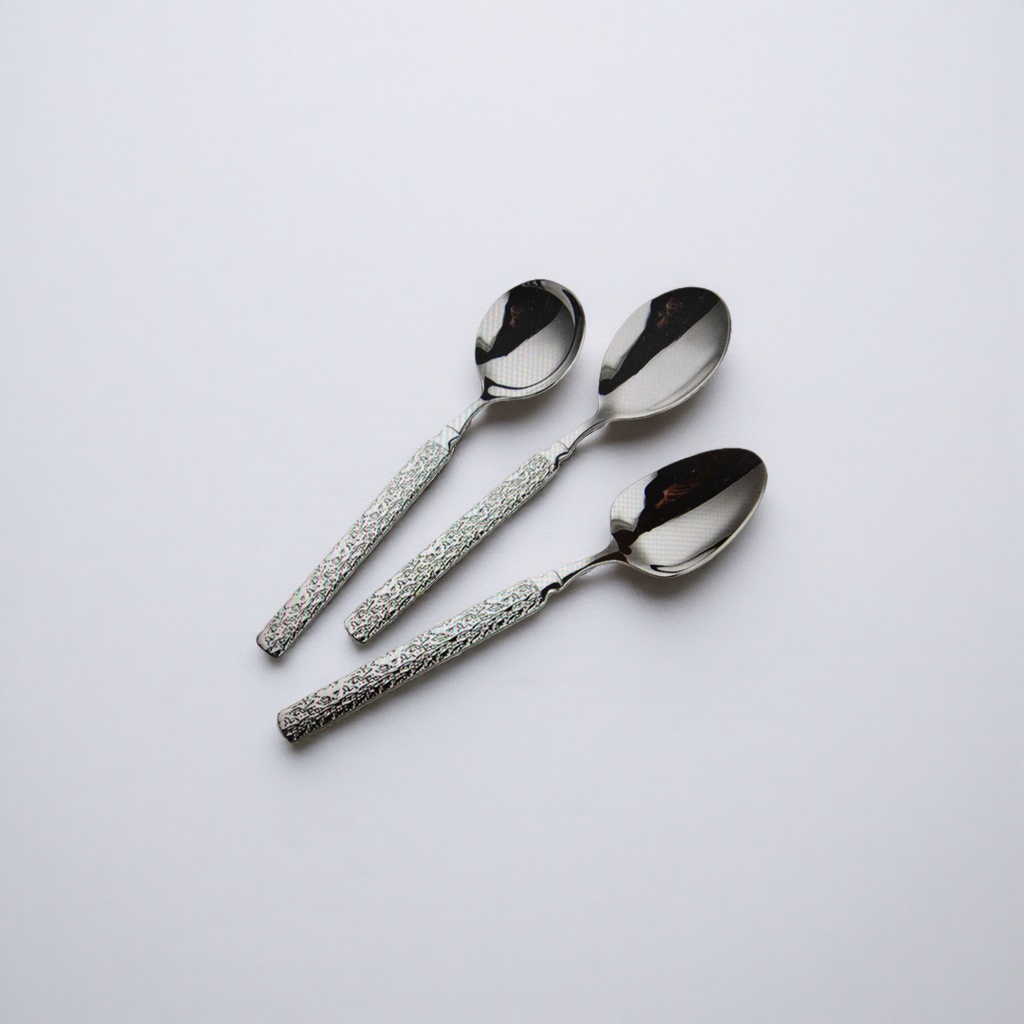 Three metal spoons with textured handles, stainless steel spoons for catering Application Scenario