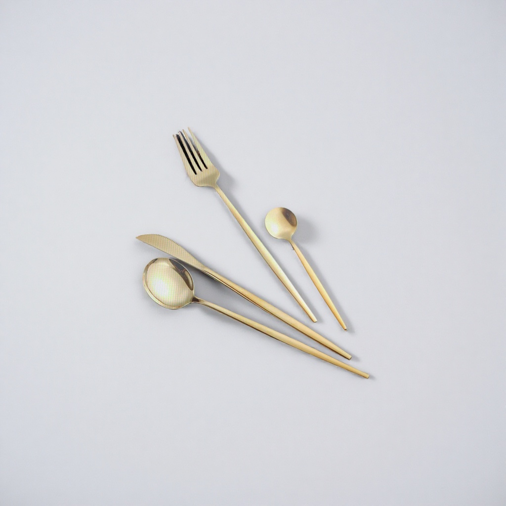 Golden tableware set, three-piece set of forks, spoons and knives, simple style of stainless steel for dining table Specification image
