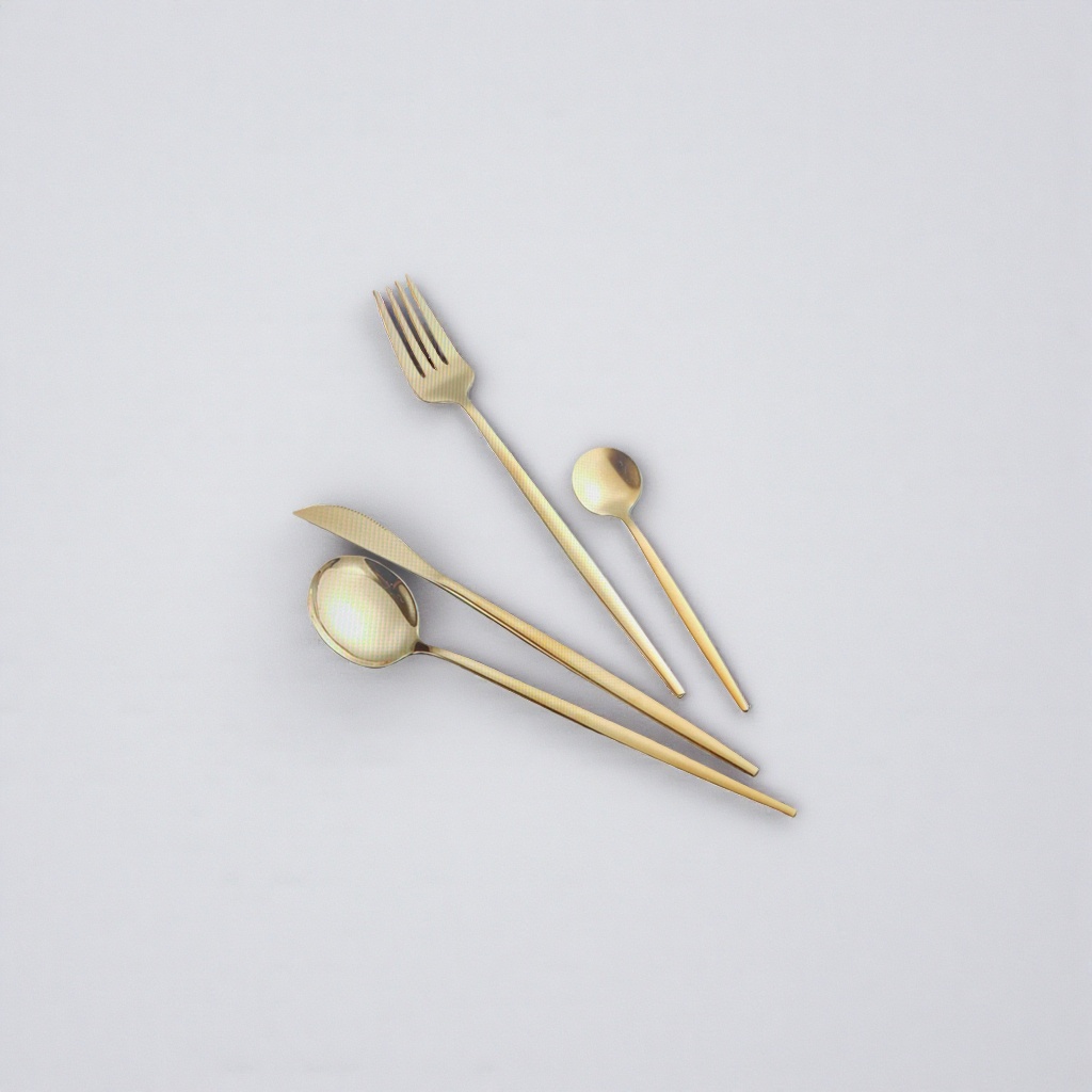 Golden tableware set, three-piece set of forks, spoons and knives, simple style of stainless steel for dining table details Picture
