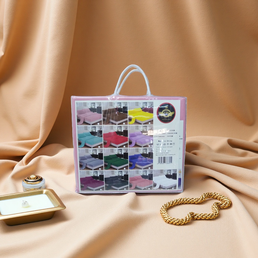 The bedding set includes a packaging bag, pure cotton four-piece set, duvet cover, pillowcase and bed sheet