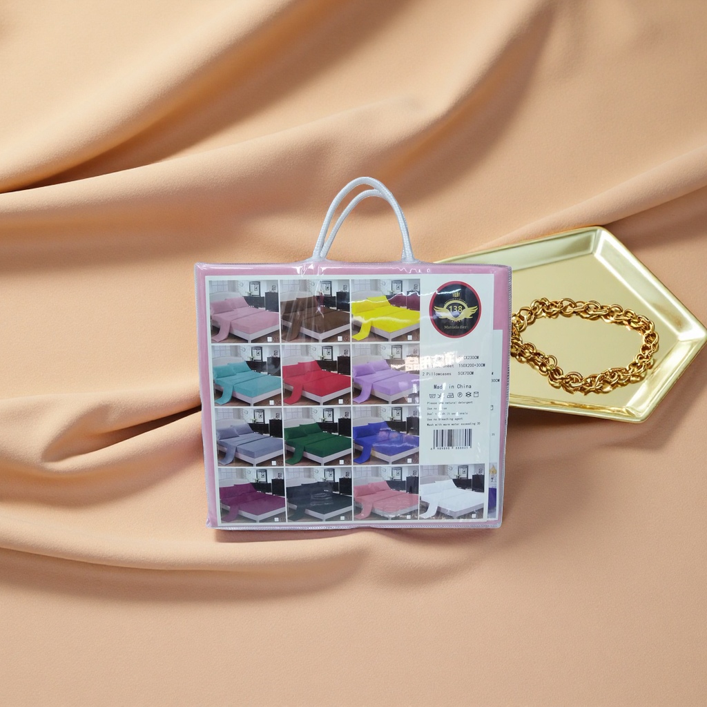 The bedding set includes a packaging bag, pure cotton four-piece set, duvet cover, pillowcase and bed sheet Specification image