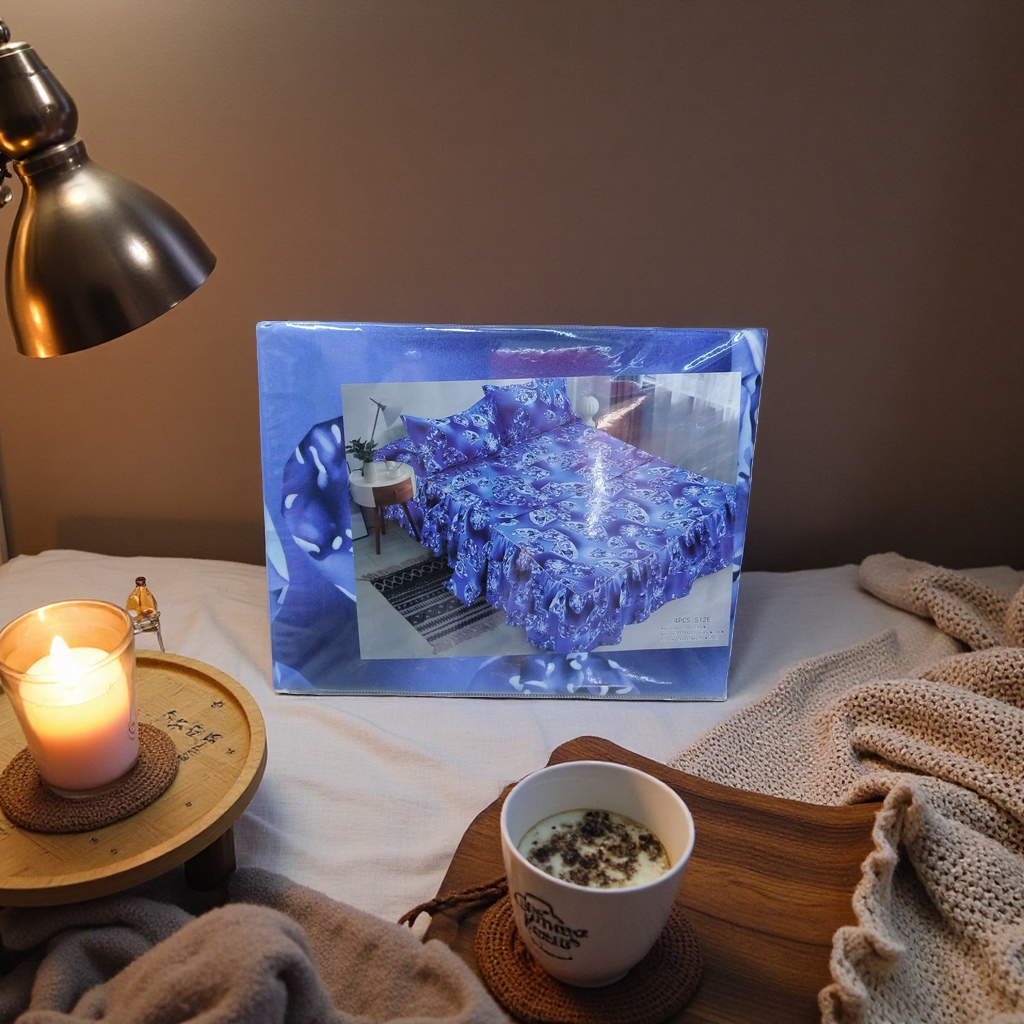 Blue patterned bedding set, four-piece set, pure cotton summer quilt cover, pillowcase and bed sheet Specification image